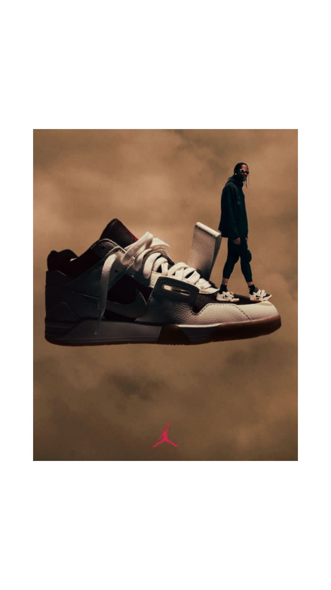Stylized visual of a large sneaker floating against a cloud-like background, with a man standing atop the shoe. Footwear advertising.
