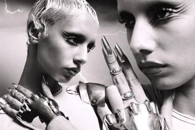 Black and white portrait of a person wearing metallic chrome hand armor and rings, photographed by Conor Cunningham.