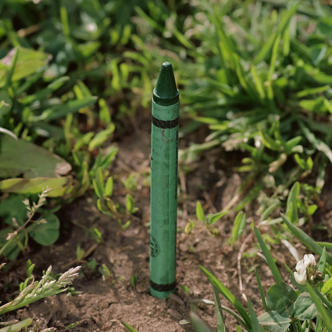 Close-up of a single, green crayon stuck in the dirt with green grass surrounding it. A creative shot in an outdoor setting.