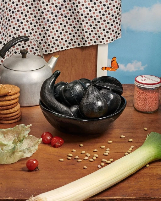 Still life with a bowl of black fruit, leek, tomatoes, cookies, kettle, and jar on a wooden table against a polka dot curtain.