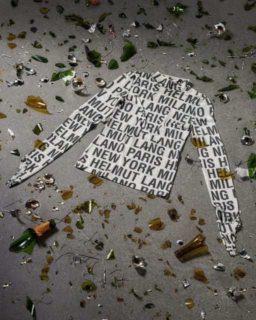 Scattered broken champagne bottle pieces and glass surround a white long sleeve shirt patterned with black text on a gray surface.
