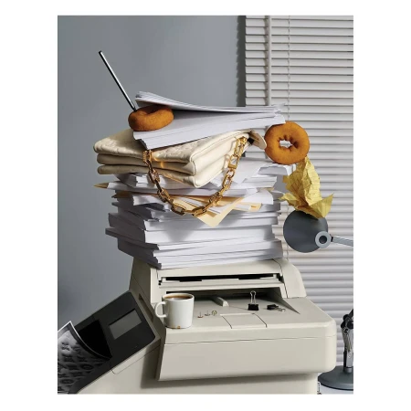 Photo of a paper pile on an office printer, topped with donuts and a handbag, against a gray wall with blinds. Coffee cup on printer.