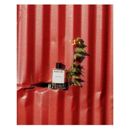 A rectangular glass perfume bottle with a dark cap rests against a vertical bright red corrugated metal wall alongside a leafy green twig with small yellow berries.