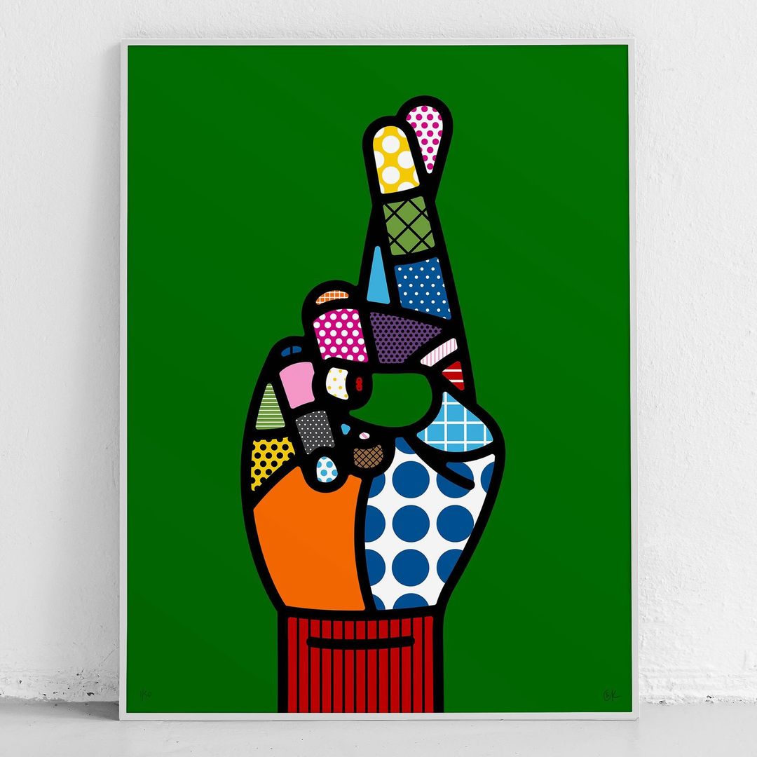 Colorful pop art style illustration of a hand with crossed fingers on a green background. Black outline and bright geometric patterns.