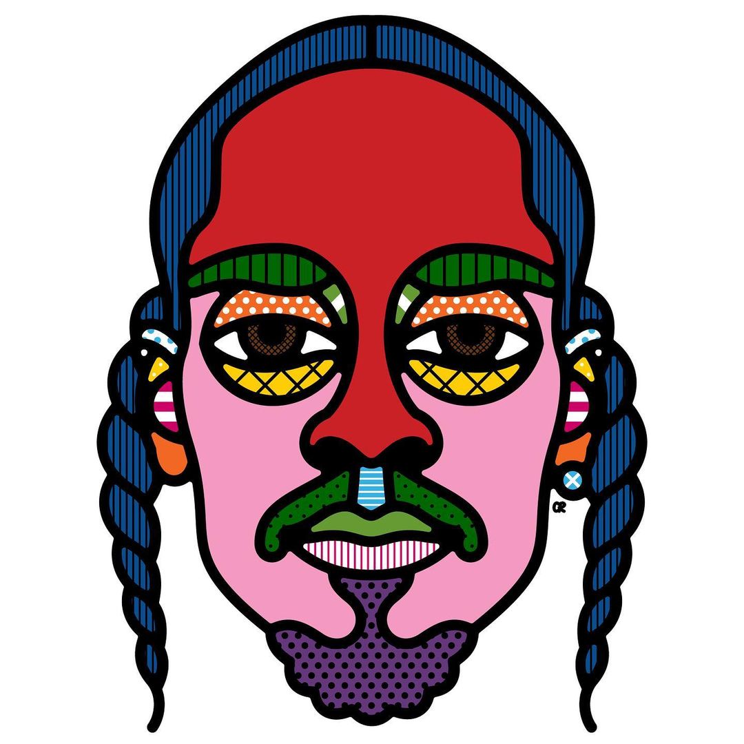 Colorful pop art style portrait illustration of a human face with graphic details, braids, and vibrant colors on a white background.