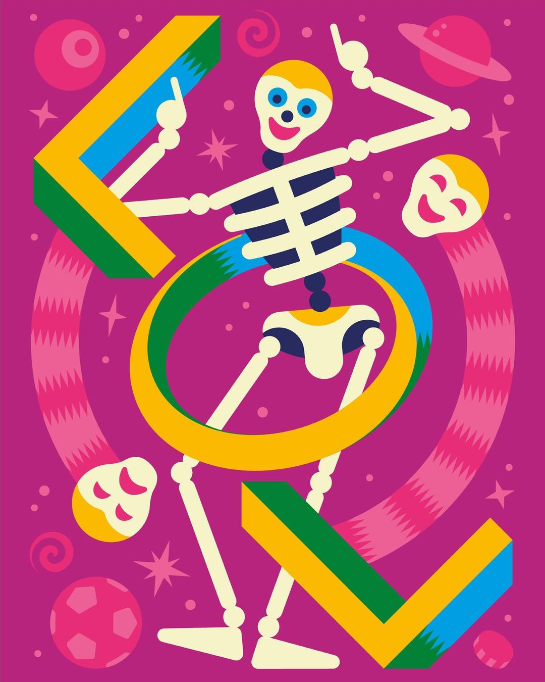 Whimsical skeleton character in an abstract vector art scene featuring geometric shapes, planets, and stars on a purple background.