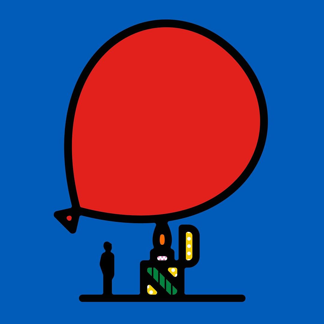 Whimsical digital illustration of a red balloon tethered to a green and yellow lighter, with a small silhouetted figure nearby.