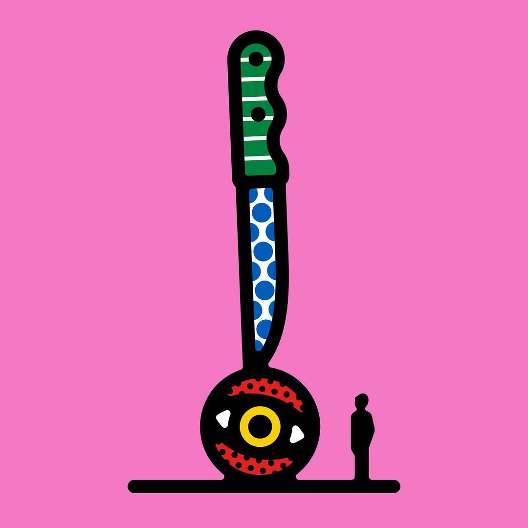 Abstract graphic art design featuring oversized knife near figure on pink backdrop; bold, colorful, modern visual for creative projects.