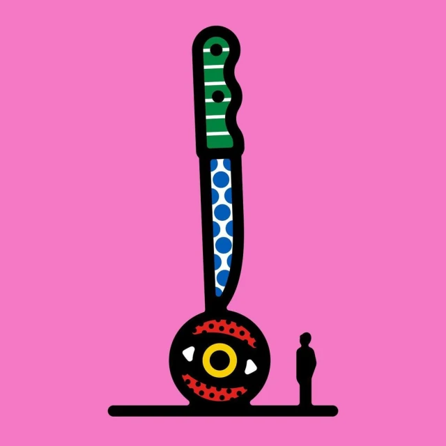 Abstract graphic art design featuring oversized knife near figure on pink backdrop; bold, colorful, modern visual for creative projects.