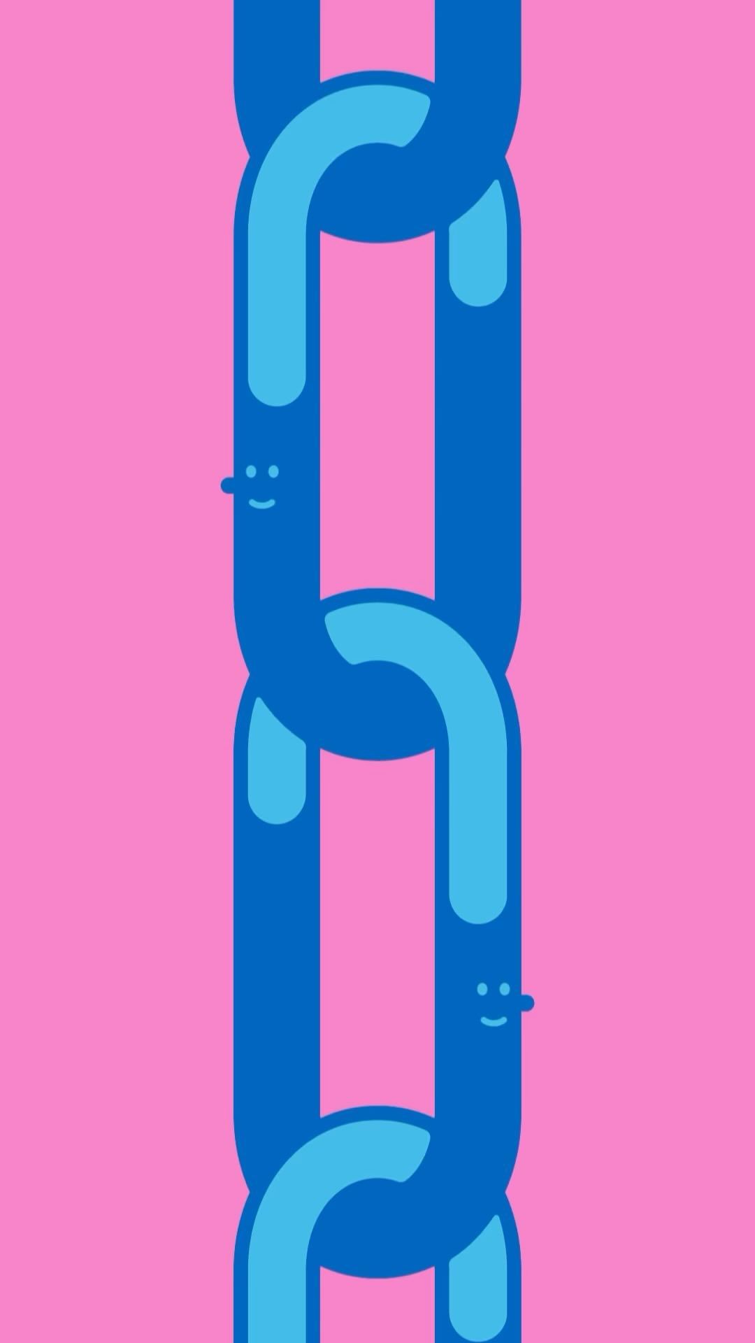 Illustration of a blue chain with two chain links with cartoon-style faces on a pink background. Vertical orientation and clean graphic style.
