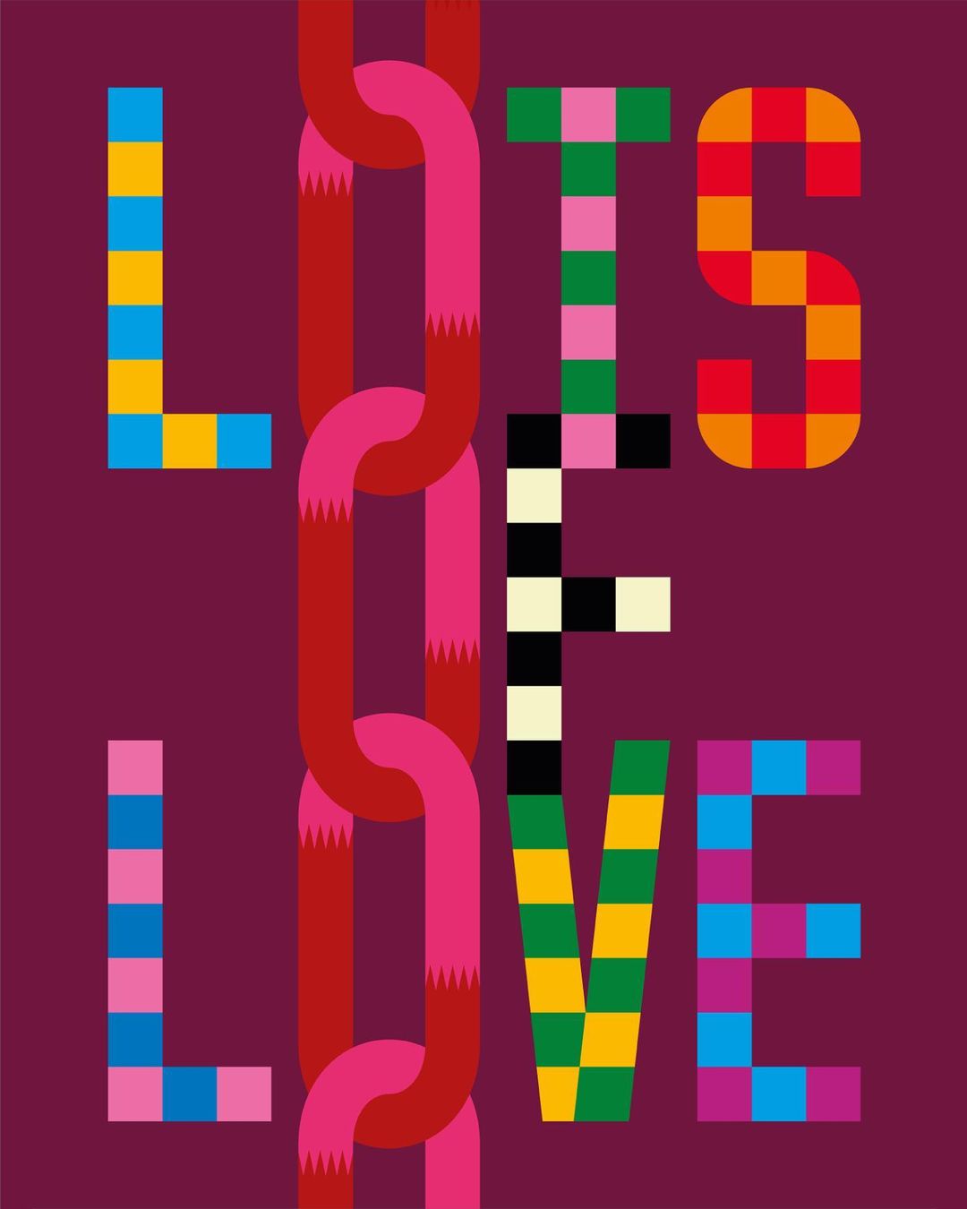 Colorful graphic art spells out 'LOTS OF LOVE' with patterned block letters and chain links against a dark purple backdrop.