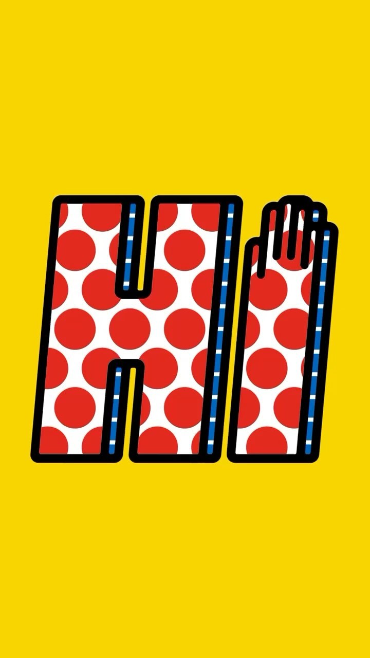 Graphic illustration of the letters 'HI' in polka dot pattern against a bright yellow background, art style.