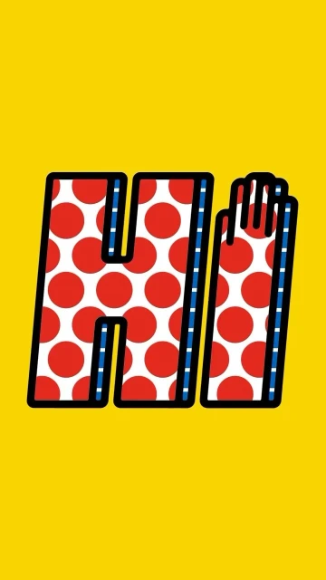 Graphic illustration of the letters 'HI' in polka dot pattern against a bright yellow background, art style.