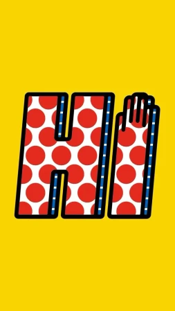 Graphic illustration of the letters 'HI' in polka dot pattern against a bright yellow background, art style.