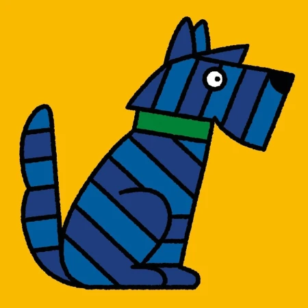Illustration of a blue cartoon dog with stripes sitting against a bright yellow background, created in a flat, graphic style.