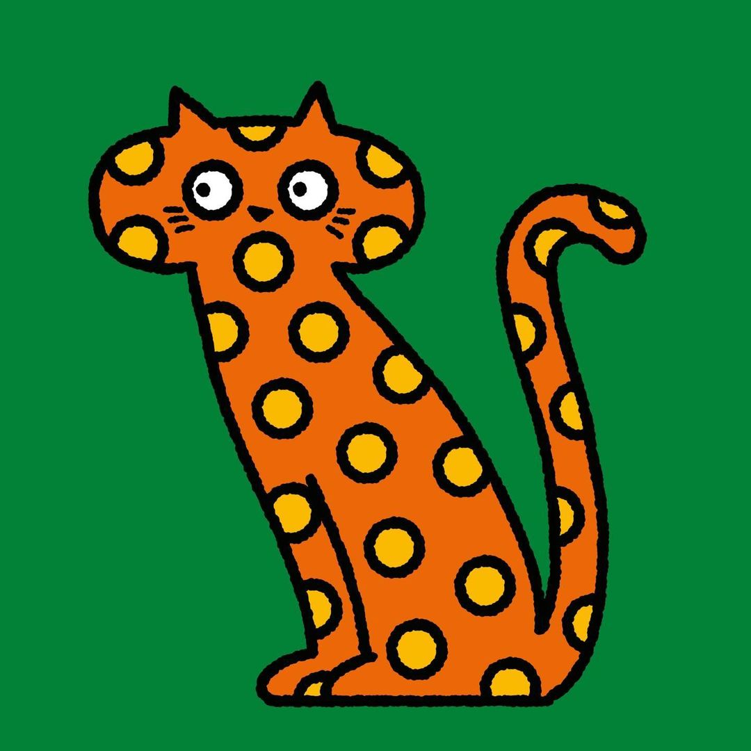 Illustration of an orange cat with yellow polka dots sitting against a green background, stylised with bold black outlines.