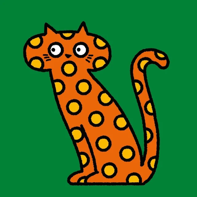 Illustration of an orange cat with yellow polka dots sitting against a green background, stylised with bold black outlines.