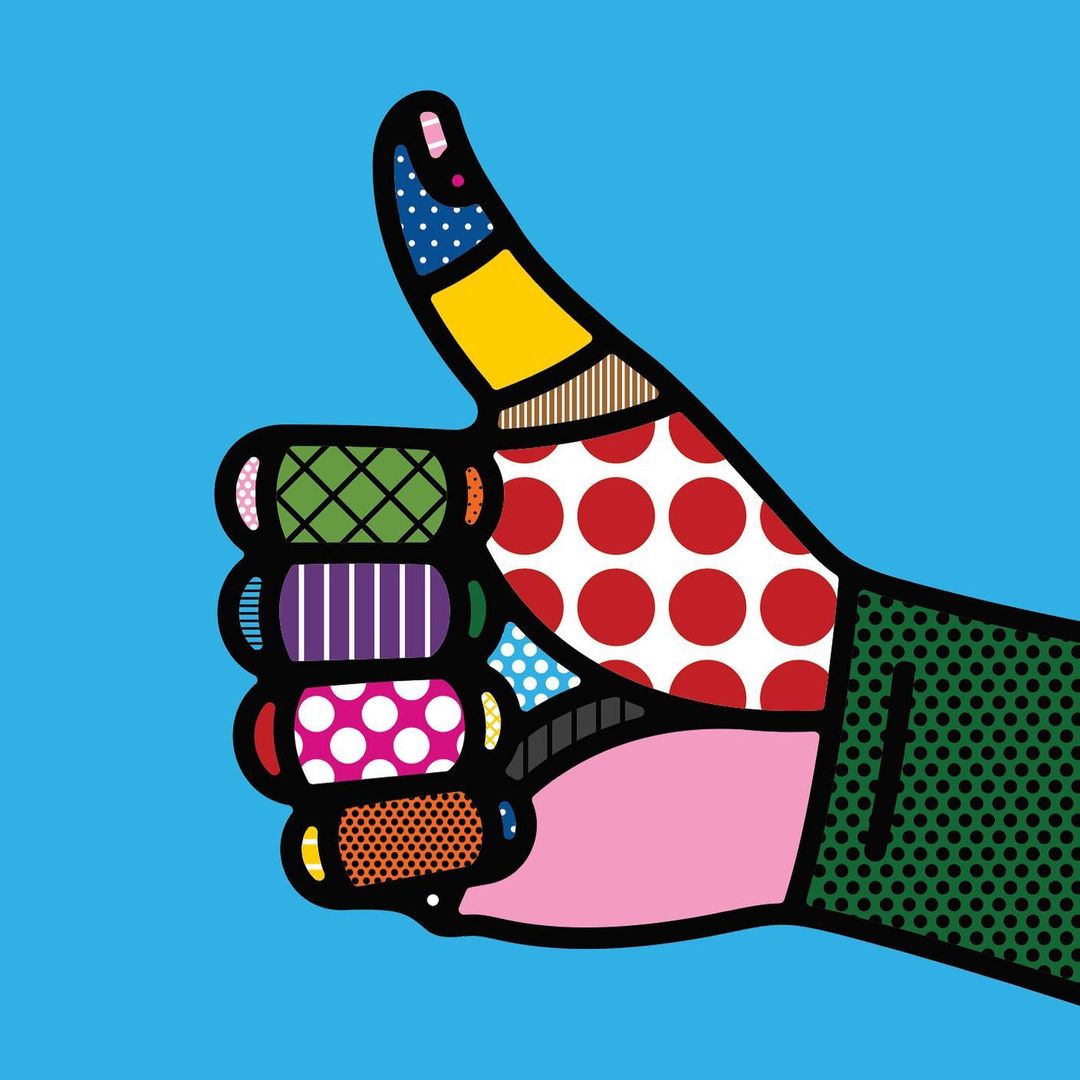 Pop art illustration of a hand with thumb up against a bright blue background, featuring vibrant colors and bold patterns.