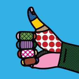 Colorful illustration of a thumbs up hand gesture with patterned geometric shapes by Craig and Karl.