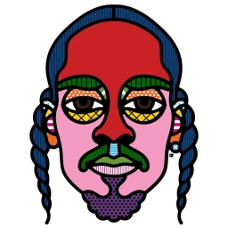 Colorful portrait illustration of a man with braided hair and facial hair in a graphic pop art style against a white background