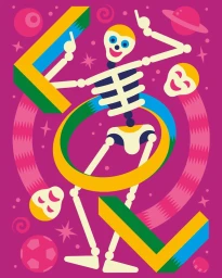 Colorful vector illustration by Craig and Karl featuring a dancing skeleton surrounded by geometric shapes against a vibrant magenta background.