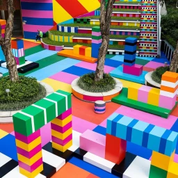 Colorful geometric courtyard installation featuring vibrant painted blocks, striped stairs, and trees in circular planters