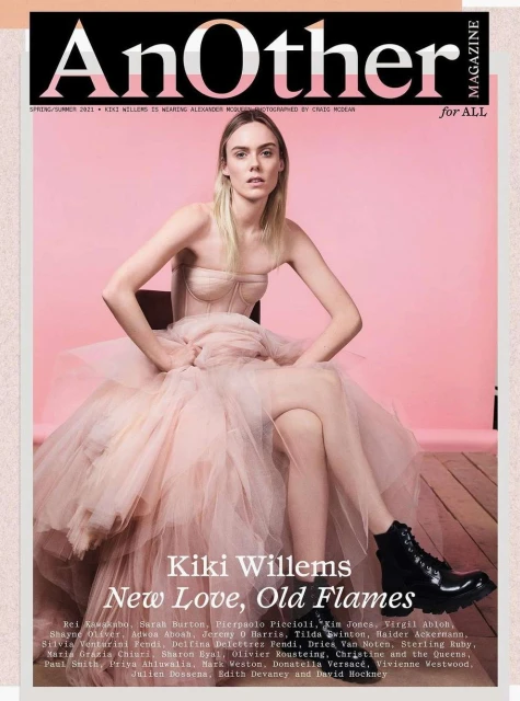 Magazine cover featuring Kiki Willems in a pink tulle dress and black boots, seated against a light pink backdrop.