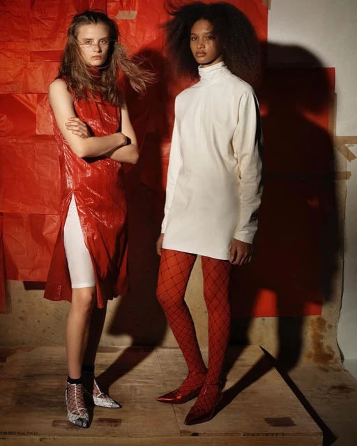 Two fashion models in a studio with a red backdrop. One wears a shiny red dress and the other an off-white dress with red tights and heels.