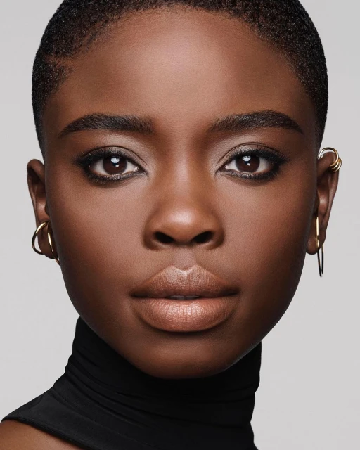 Close-up portrait of a young African woman with makeup wearing a black turtleneck, set against a neutral gray backdrop in a studio setting.