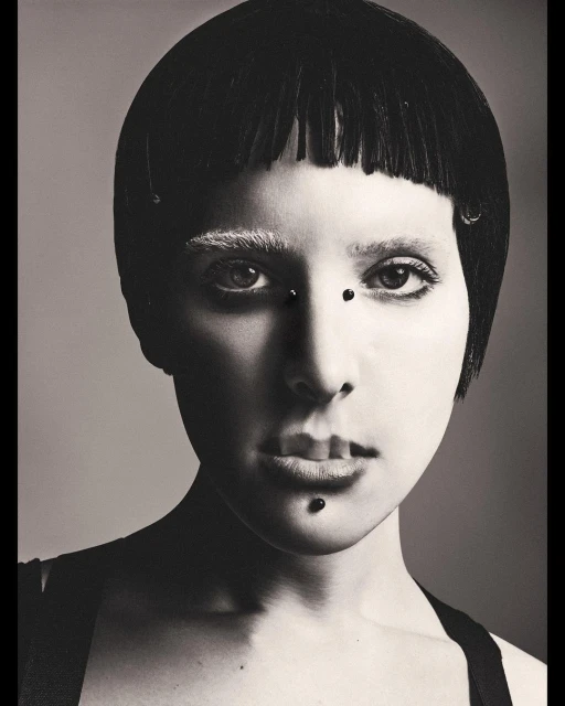 Striking monochrome portrait of a woman with a blunt black bob haircut and unique facial piercings in a bright studio setting.