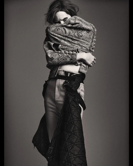 Monochrome fashion shot of an adult with medium hair, wearing a patterned jacket, light pants, and a quilted garment in a studio setting.