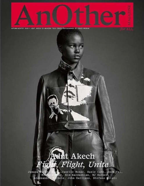 Magazine cover featuring Adut Akech in a leather jacket and pants with black and white graphics, set against a gray backdrop.