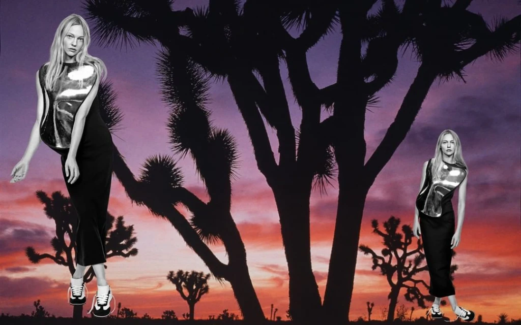 Fashion editorial featuring a blonde woman wearing a metallic top and black skirt, duplicated against a sunset Joshua Tree background.