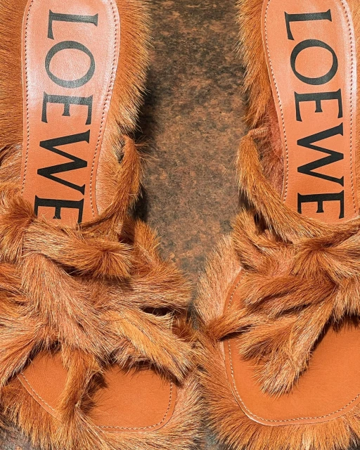 A pair of Loewe furry slides are presented in a close-up studio shot against a textured neutral background, highlighting fashion footwear.