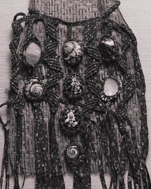 Handmade macrame wall hanging with seashells and woven textile, creating an artistic bohemian-style decor piece.