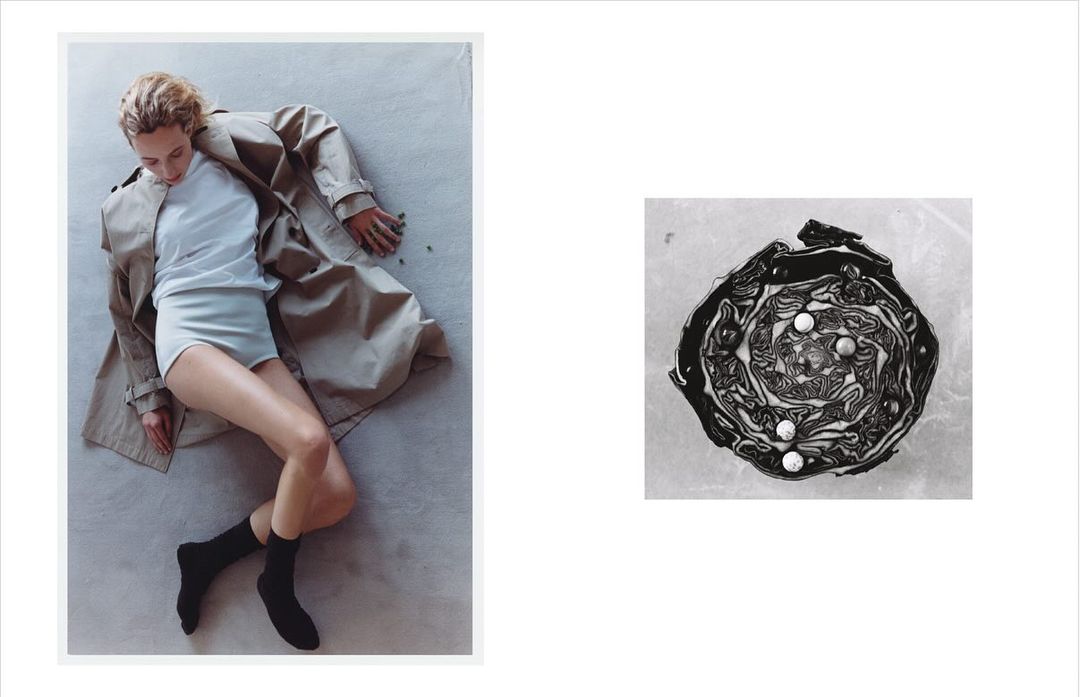 Adult woman in undergarments and trench coat lying on the floor next to an image of a cut red cabbage on white background.