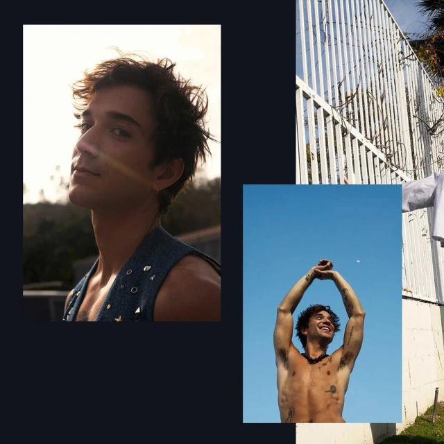 Collage of a young adult man with a denim vest, clear blue sky, and a white fence, creating a stylish outdoor portrait.