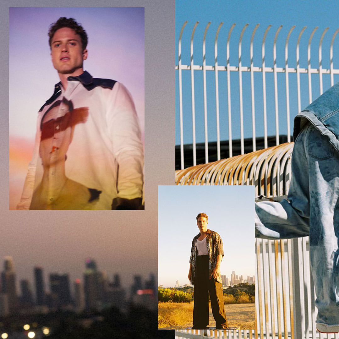 A collage with a male model in various poses against a city skyline and metal fence, showcasing fashion and urban settings.