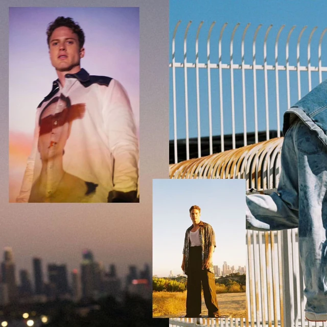 A collage with a male model in various poses against a city skyline and metal fence, showcasing fashion and urban settings.