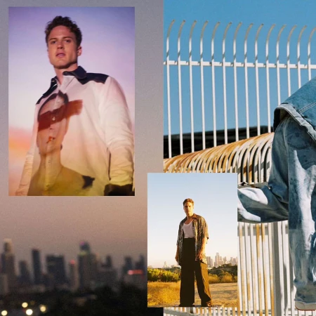 A collage with a male model in various poses against a city skyline and metal fence, showcasing fashion and urban settings.