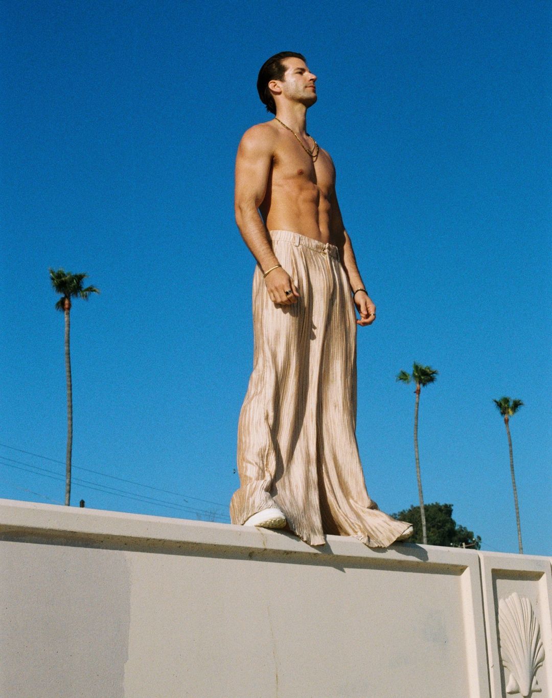 Shirtless man wearing pleated beige trousers standing on a low white wall against a clear blue sky with distant palm trees.