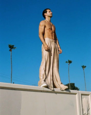 Shirtless man wearing pleated beige trousers standing on a low white wall against a clear blue sky with distant palm trees.