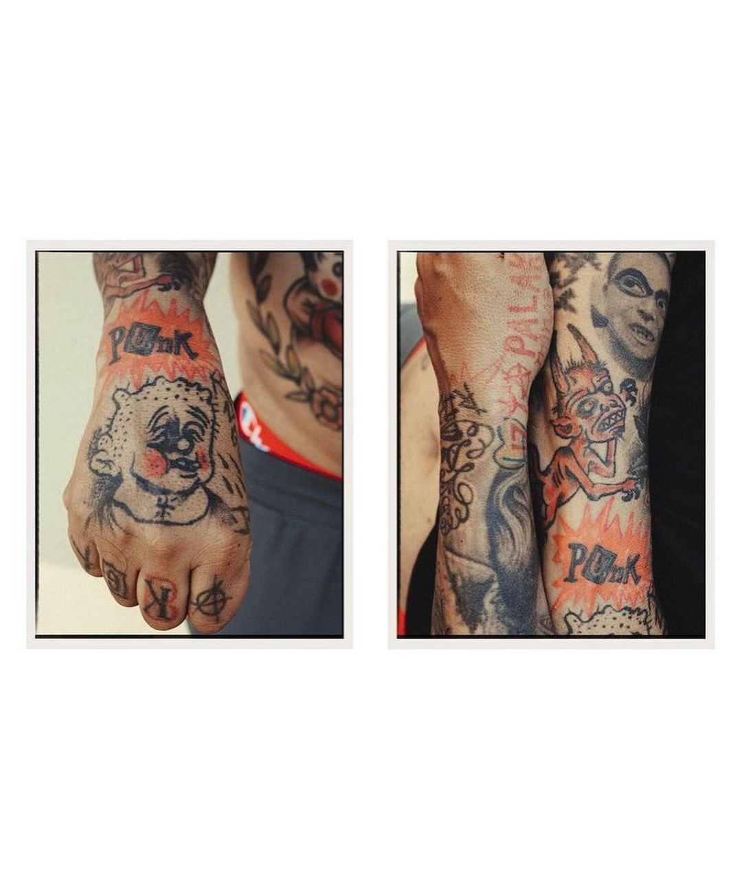 Tattooed arms and torso featuring cartoonish figure designs and the word "PORK" are presented in a diptych format.