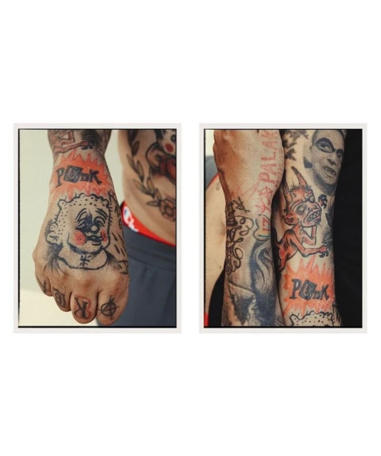 Tattooed arms and torso featuring cartoonish figure designs and the word "PORK" are presented in a diptych format.