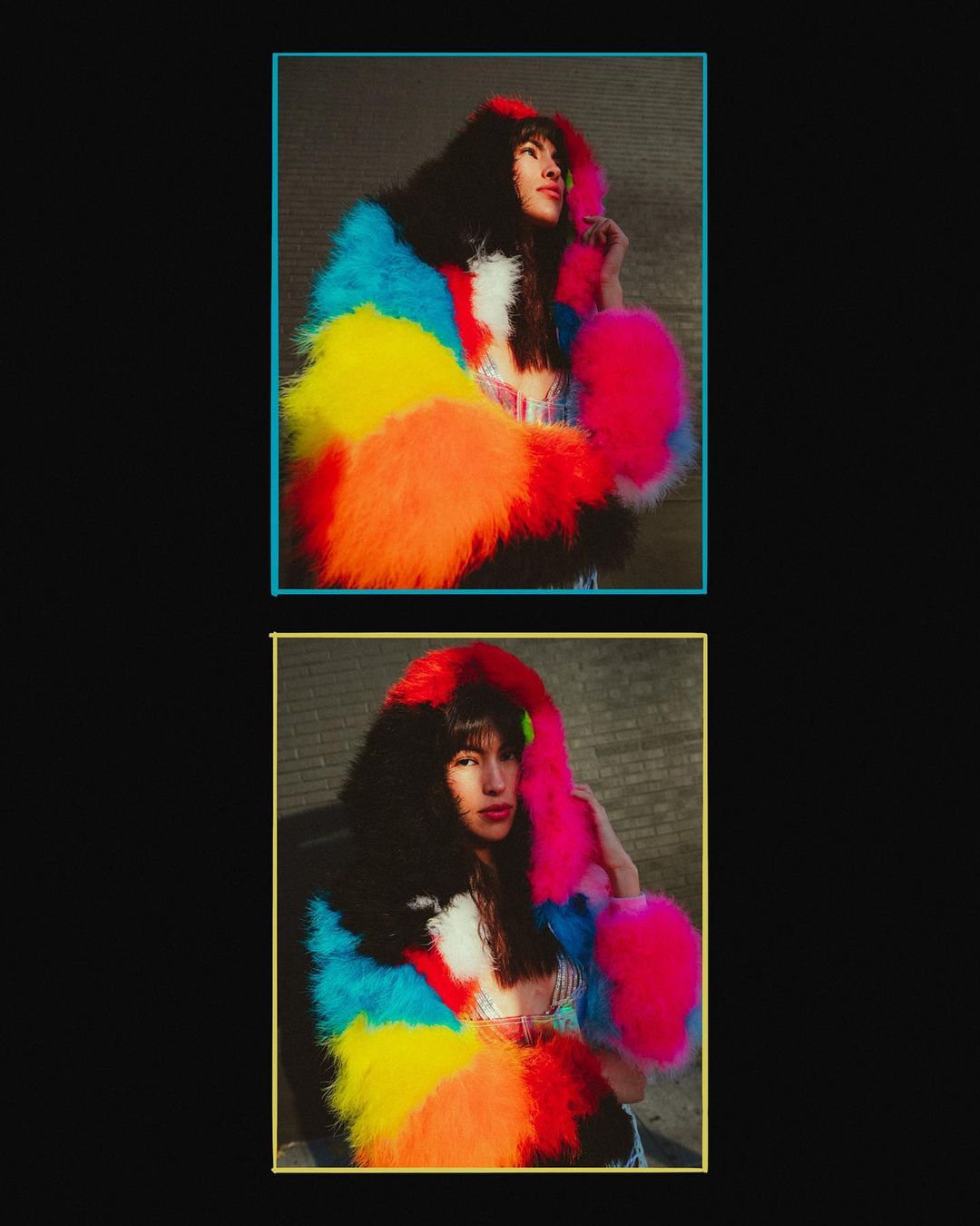 A woman poses wearing a colorful faux fur coat in a brightly lit outdoor setting. The shot is a medium shot with a brick background.