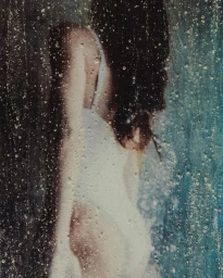 Portrait of a woman viewed through a glass surface covered in water droplets and bubbles