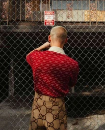 A man with short blonde hair seen from behind, wearing a red patterned polo shirt and beige trousers, standing behind a chain-link fence.