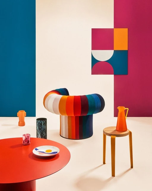 Colorful striped armchair in a stylized room with a red table, orange pitcher, geometric art, and teal and magenta color blocks.