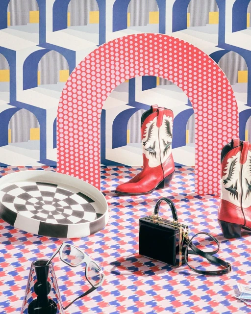 Still life shot of red and white cowboy boots with a black purse, eyeglasses, and checkerboard platter against a geometric backdrop.