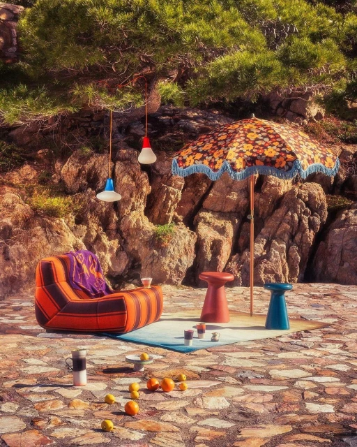 Outdoor lounge area with orange striped chair, umbrella, and colorful lights, set on a stone terrace amidst rocks and greenery.